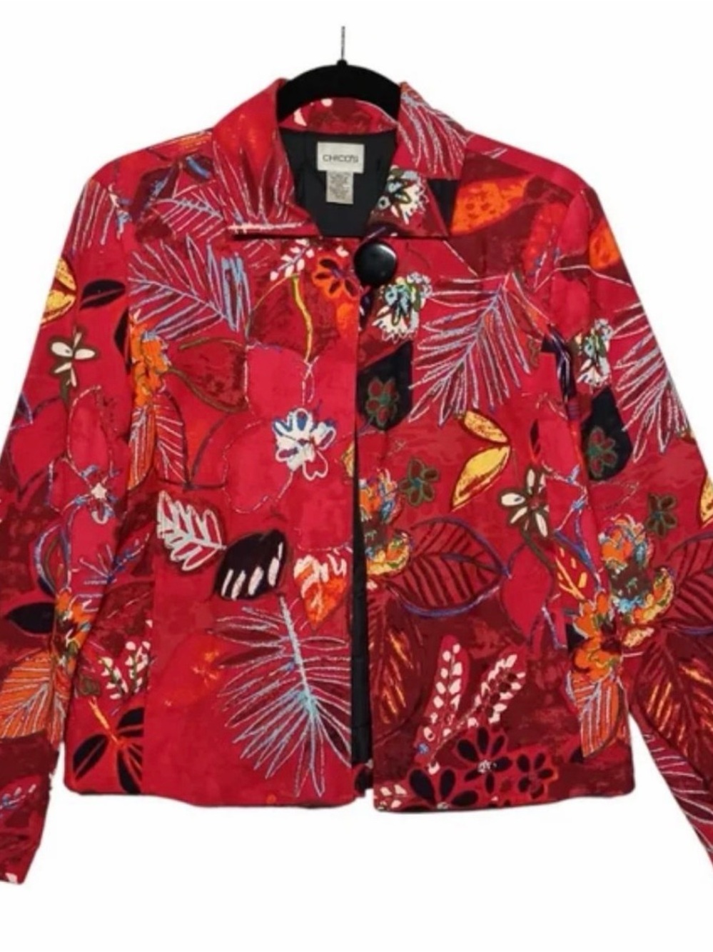 Chico’s Red Floral Art Print Statement Jacket Size 3 XL
